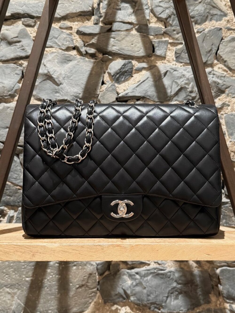 Chanel Black Lambskin Classic Maxi Double Flap Bag